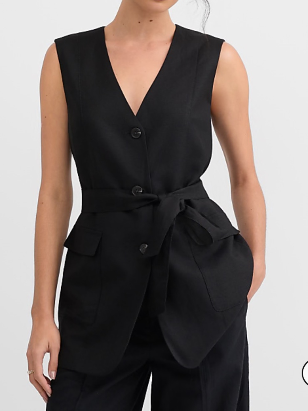 Loft | Linen Blend Belted Pocket Vest Black | Small New with Tag
